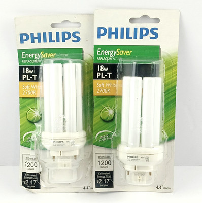 2 Philips 18w PL-T Soft White Light Bulbs 4 Pin 1,200 Lumens Energy Saver 4.4''-L