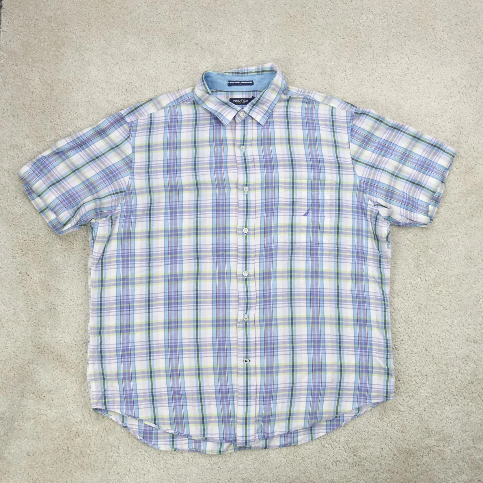 Nautica Shirt Men Extra Large Multicolour Plaid Linen Logo Button Up Preppy 90s