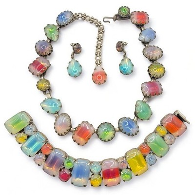 Parure Vintage De Luxe NYC A'dam Rainbow Rhinestones Necklace Earrings Bracelet