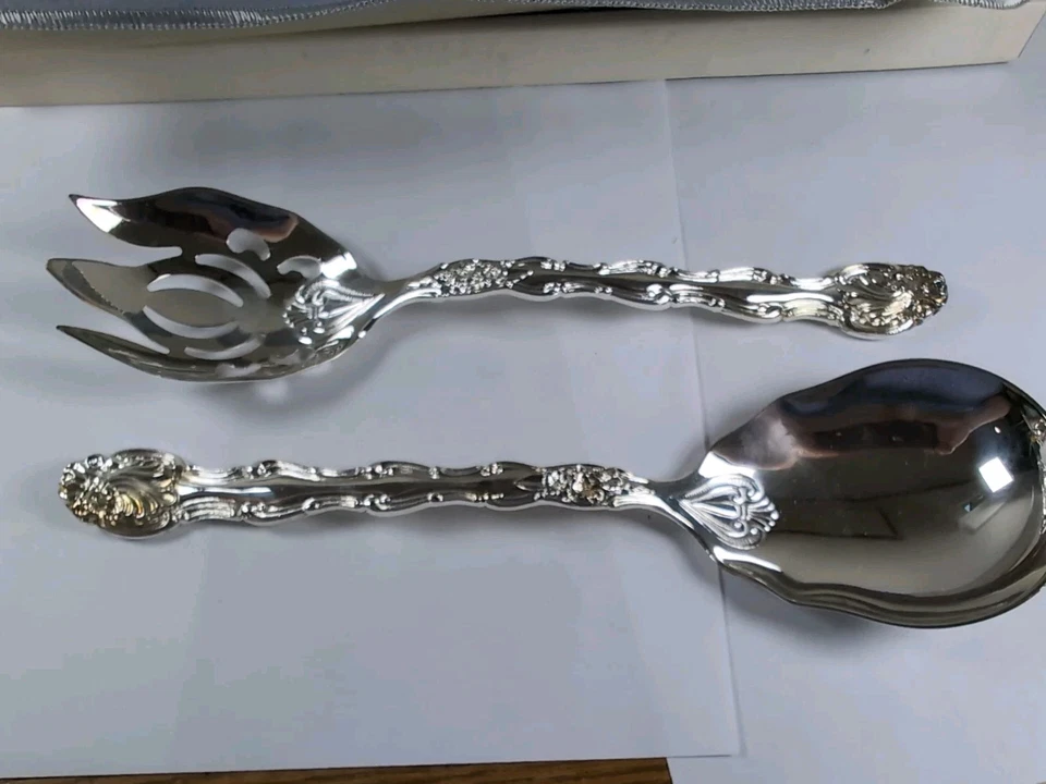 Juego de ensalada Sheffield Silver Co Loveland Rose PLATO PLATEADO ITALIA tenedor de cuchara 10"L Foto 3 de 4