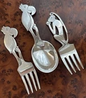 Rare International Sterling Silver Baby Spoon Fork Jungle Trio Monkey Toucan