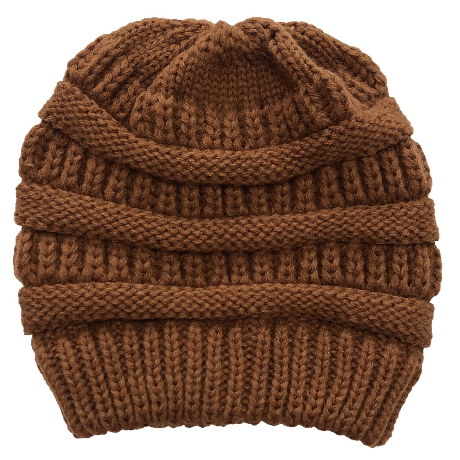 Brown Women Ponytail Messy Bun Beanie Pony Tail Winter Knit Stretch Hat US
