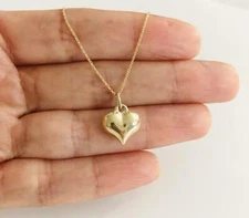 14K Real Gold Puffed Heart Pendant, 14K Solid Gold Chain Necklace- 14KC2907