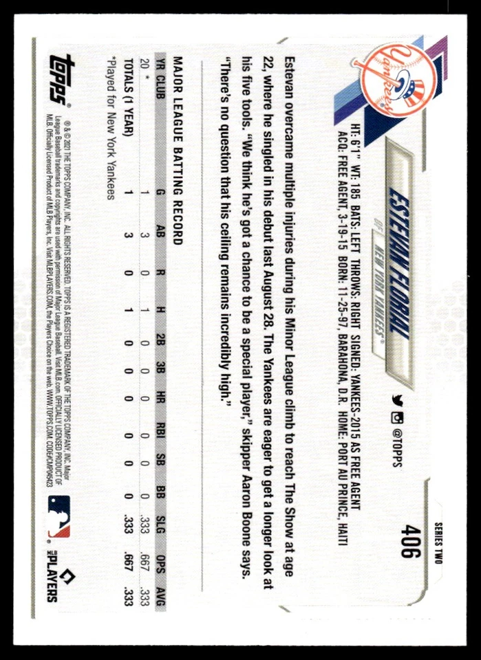 2021 TOPPS GOLD FOIL Estevan Florial Rookie New York Yankees #406 R86 - Image 2 of 2