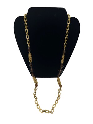 MIRIAM HASKELL Signed Long Hammered Link Brown Faceted Crystal Classic Necklace