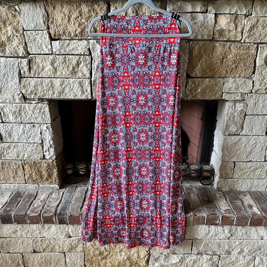 GILLI Morgana Maxi Skirt Red White Blue Graphic Tile Print Stitch
