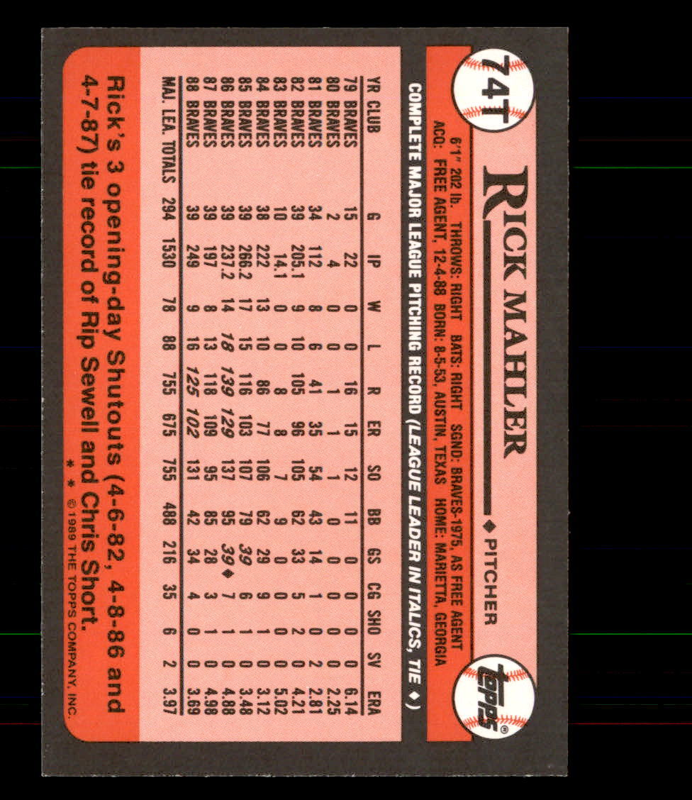 タレントカード RT-89074 1989 Topps Traded #74T Rick Mahler Cincinnati Reds | eBay