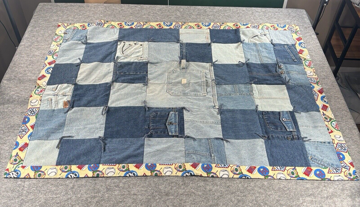 Handmade Denim Blue Jean Patchwork Quilt Blanket Throw 52