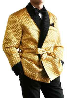 satin quilted dressing gown Men Quilted Robe Vintage Smoking Dressing Gown Luxury Black Satin Lapel  Coat