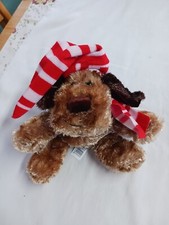 Dan Dee Christmas Dog Plush Brown Floppy Puppy In Santa Hat  Scarf Laying Flat