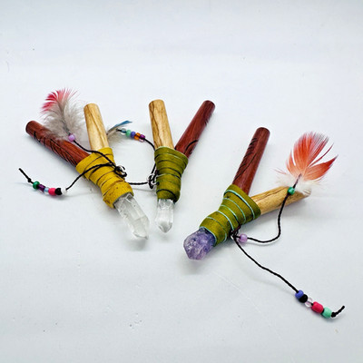 Kuripe Pipe with Feather, Leather and Quartz | Palo Santo Wood