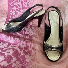 CHANEL Lace Calf COCO MARK Heel Fabric Sandals Mules Pumps 36 USED Auth #S3600
