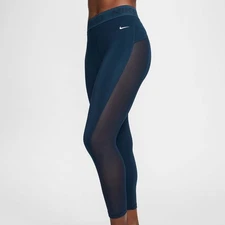 NIKE PRO WOMEN DRI-FIT TRAINING MID RISE MESH PANELED LEGGINGS TEAL #FN4981-NWT
