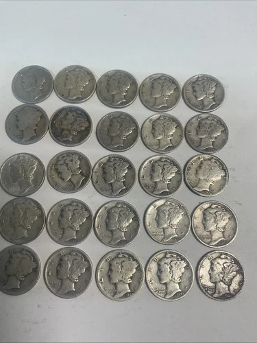 LOT OF 25 DIFFERENT DATE MERCURY SILVER DIMES - 1919-1945 Range