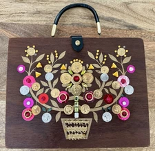 Vintage Enid Collins Style Money Tree Wooden Box Purse Rhinestone Coins