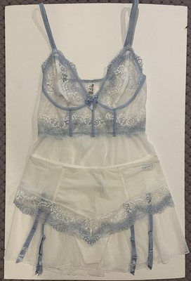 DKNY White/Blue Lingerie Set Babydoll Medium & Hipster Garter Thong Large NWOT
