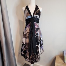 ALYN PAIGE Vintage Women's 7/8 Abstract Midi Satin Halter Dress Handkerchief Hem