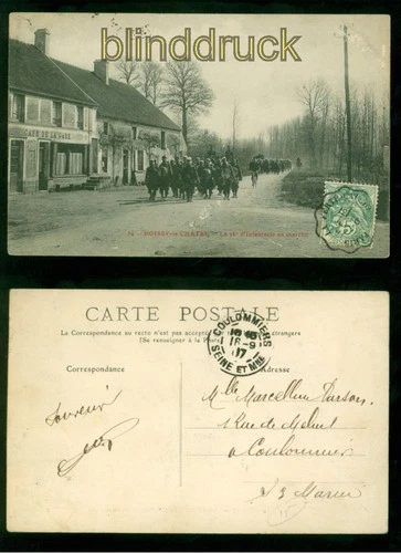 Boissy-le Chatei black postcard Le 76e d'Infanterie en marche 1907 to Coulommiers (a2299