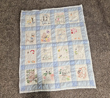 Vintage Embroidered Baby Crib Quilt Unisex Animal Print 1950s Blue White 52x41