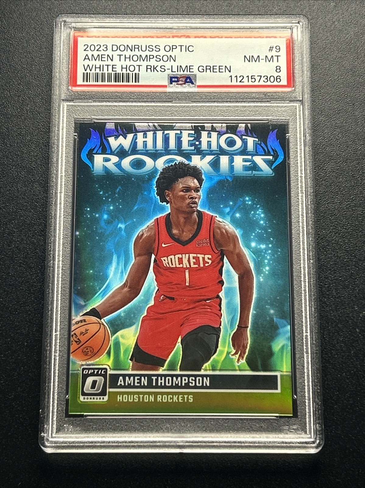 2023 Donruss Optic White Hot Rookies Amen Thompson #9 Lime Green /149 PSA 8