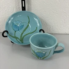 VTG Vernon Ware By Metlox Poppytrail Tulips Flat Cup & Saucer Set Blue Early 70s