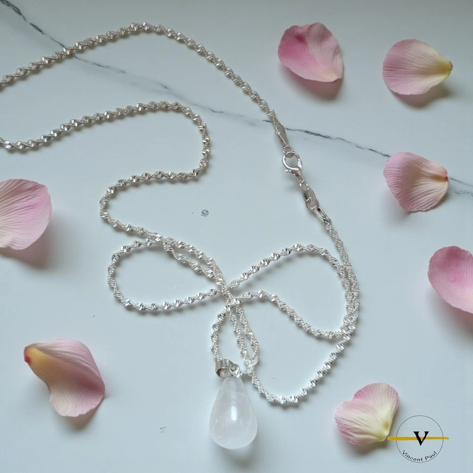 COLLANA DONNA ARGENTO 925 LUNGHEZZA 60 cm MAGLIA TWIST PENDENTE QUARZO BIANCO - Immagine 3 di 4