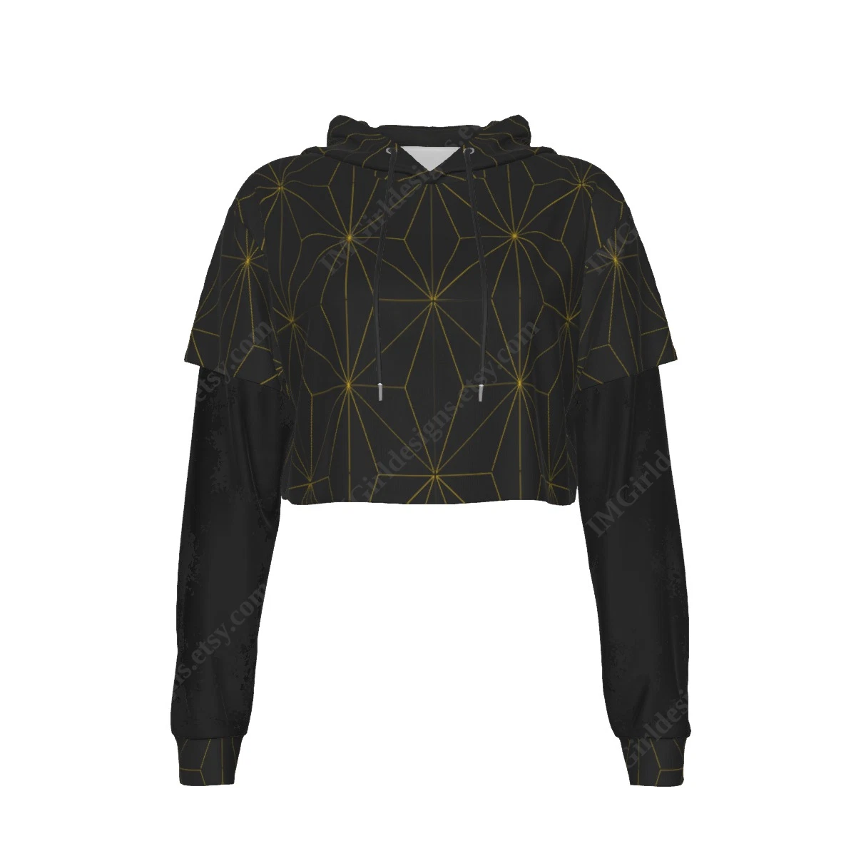 Mesh Sleeve Crop Hoodie, Black Gold Asanoha Pattern, Traditional Japanese
Opens in a new window or t