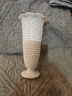 Vintage White Milk Glass Hobnail Vase Trumpet Style Scalloped Edge 9" Tall