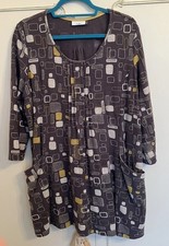 SUPER ADINI L 100% COTTON TUNIC GREY/YELLOW PKTS/PLEATS SCOOP NECK L31’ PIT 23’’
