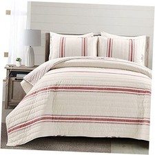 Farmhouse Stripe Reversible Cotton Quilt Set, 3 Piece Set -- Size King Red