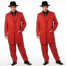 Red Men's Zoot Suits Pinstriped Wedding Tuxedo Evening Party Prom Long Coat 3pcs
