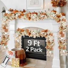 Neutral Fall Garland for Mantle Fireplace - 2 Pack Toatal 18Ft Outdoor Autumn...