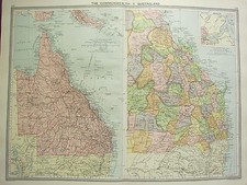 1920 LARGE MAP ~ AUSTRALIA QUEENSLAND ~ BRISBANE ENVIRONS KIMBERLEY ABERDEEN etc