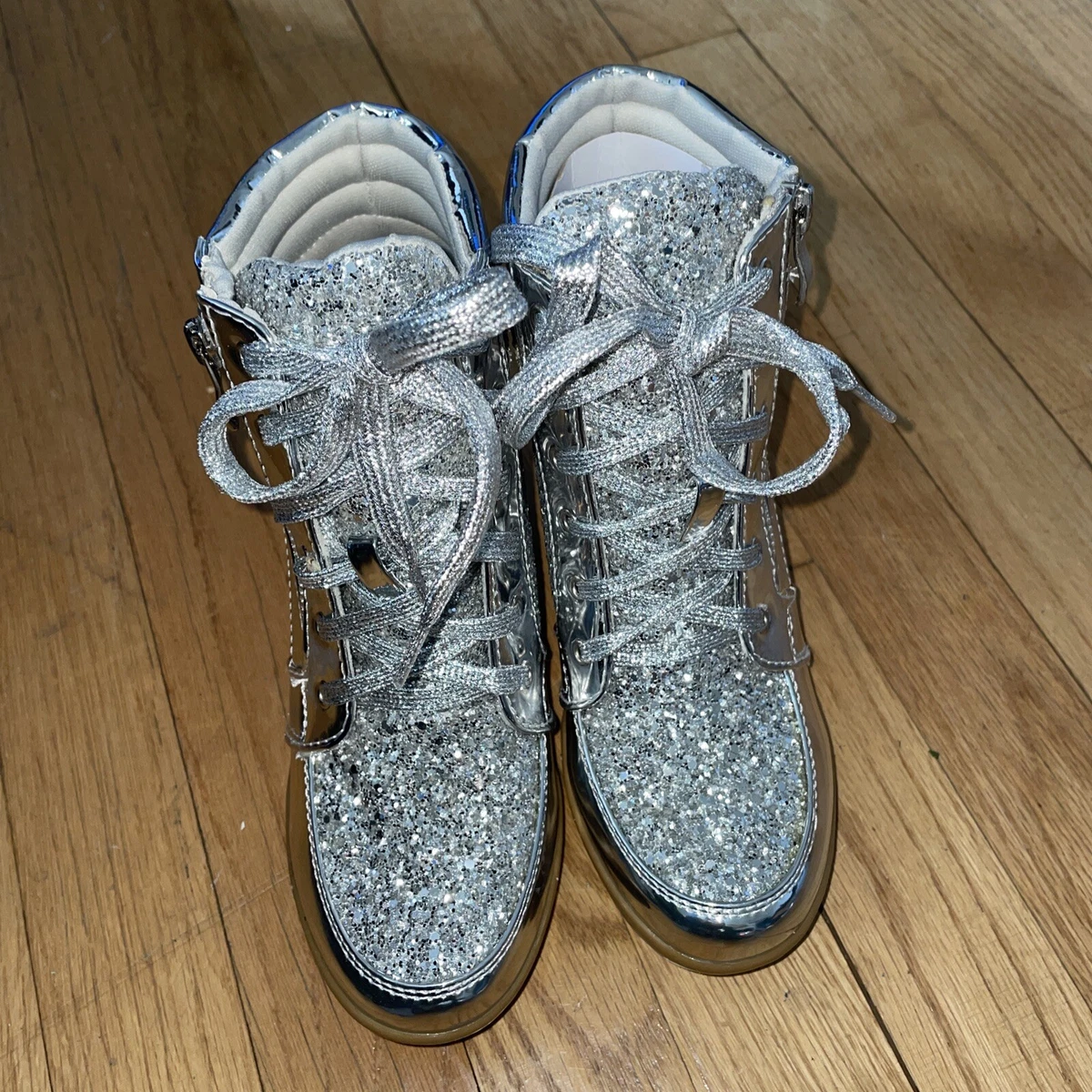 NEW Silver Glitter Sneaker Women s High Top Lace Up Wedge Booties