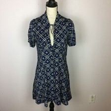 Free People Melody Mini Dress Size 8 Womans Blue Printed V-neck Button Front Y2K