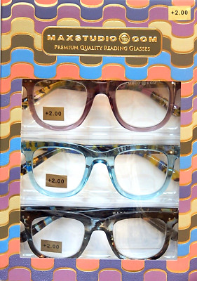 MAX STUDIO +2.00 WOMEN'S PREMIUM READING GLASSES 3-PACK READERS NEW AUTHENTIC