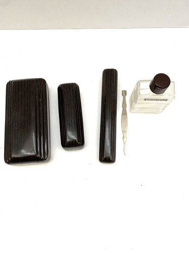 Kit vanità da viaggio vintage in pelle da uomo marrone celluloide made in USA set incompleto - Foto 4 di 12