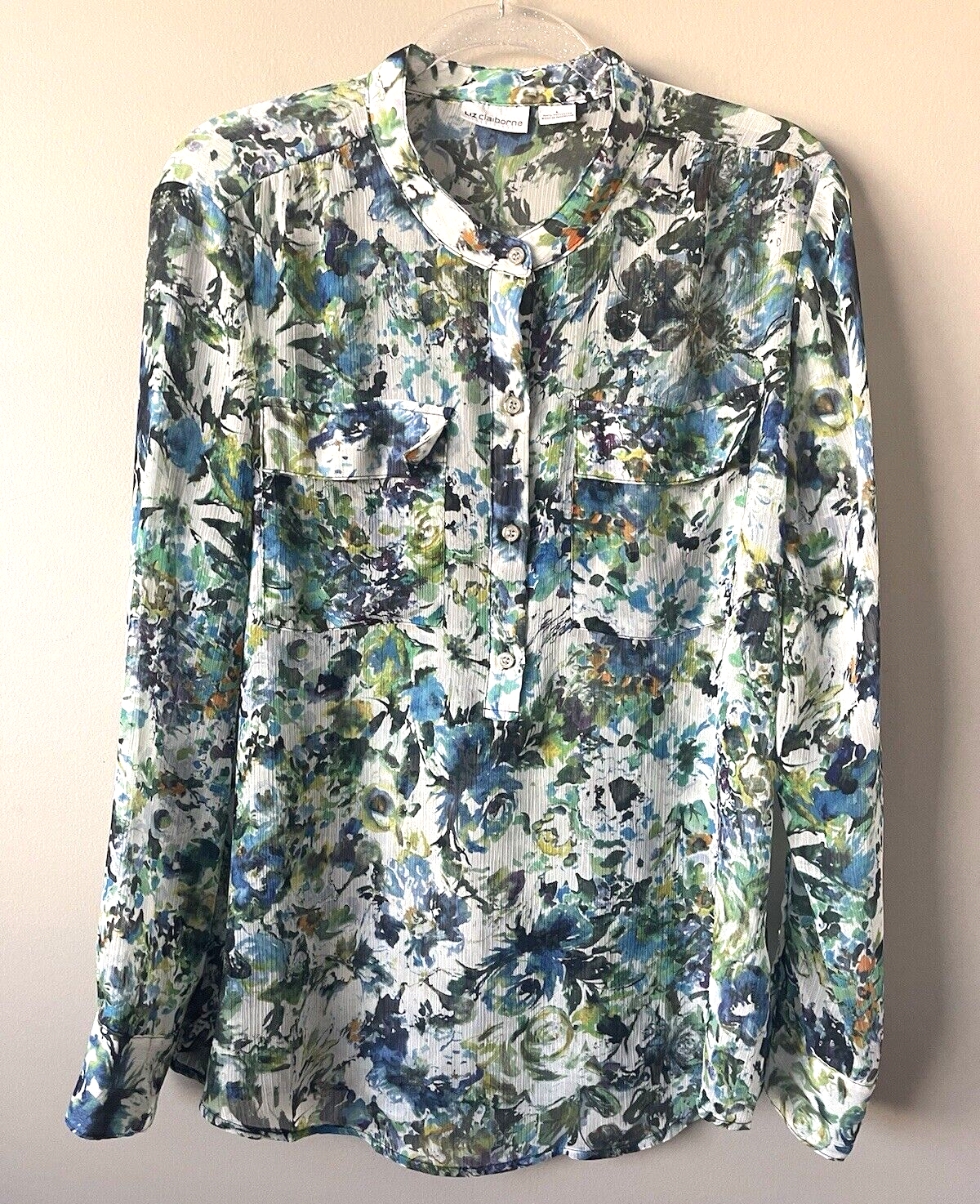 LIZ CLAIBORNE Long Sleeve Semi Sheer Blouse Shirt Blue Abstract Sz Large Pockets