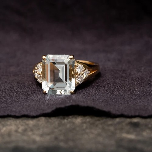5.50 Ct Cushion Cut Real Aquamarine & Diamond Engagement Ring 14K Yellow Gold - Picture 2 of 7