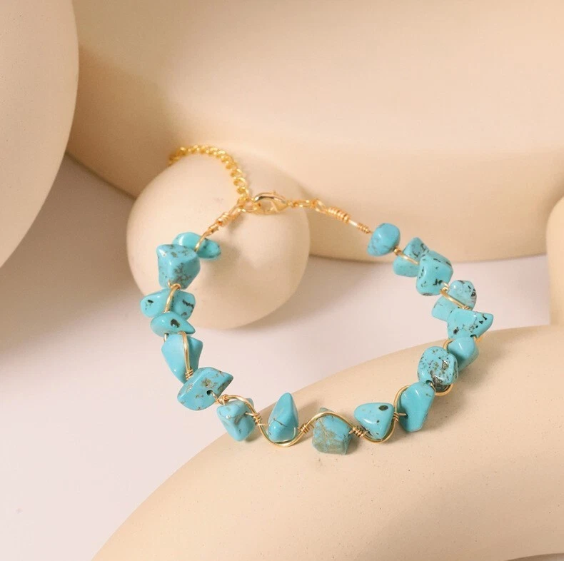 L17 vergoldetes Armband mit Draht umwickelte türkisfarbene Steine - Bild 2 von 4
