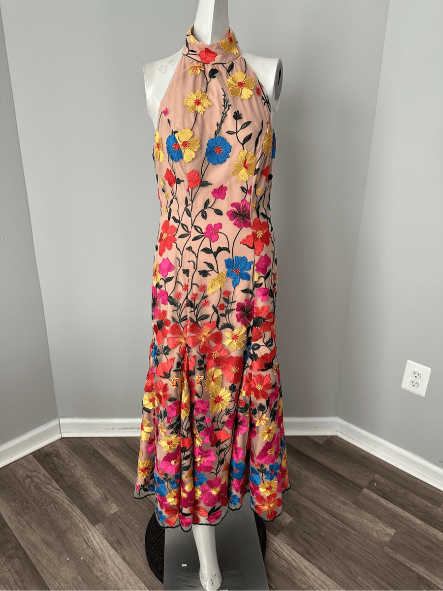 Milly Penelope Floral Embroidered Halter Dress