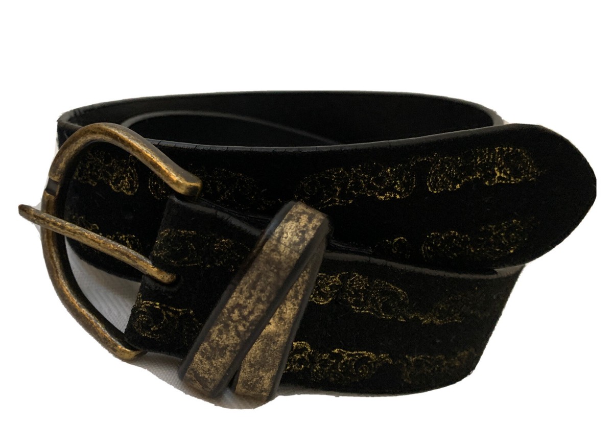 GAP Womens Belt Suede Brass Buckle Black Gold Metallic Size 