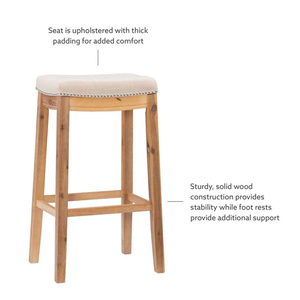 Linon Claridge Bar Stool Natural Padded Seat Acacia Wood Frame in Rustic Brown - Image 4 of 4