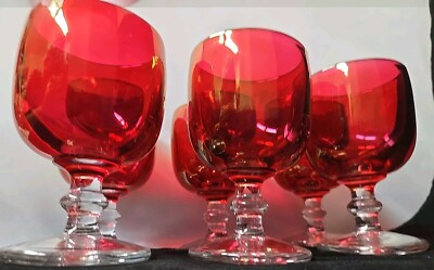Vintage Ruby Red Wine Goblet Glasses Clear Glass Stem Set
