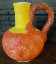 Vintage Hand Made Pottery Jug Primative Signed by Belle Smith 7 1/2 Inches Tall