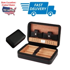 Black Travel Cigar Humidor Cedar Wood Storage Case 4CT Leather Box Gift Portable