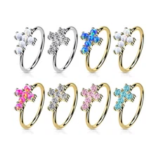 Bendable Hoop ring 14K Gold Opal or CZ Set Cross 20 Gauge Good for Nose and Ear