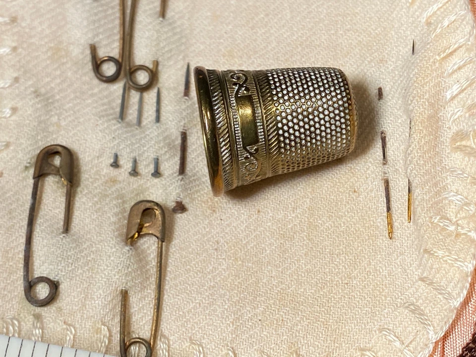 Antique Leather Sewing Roll Rollup Kit Thread Spool Holder Needle Case Thimble - Image 4 of 4