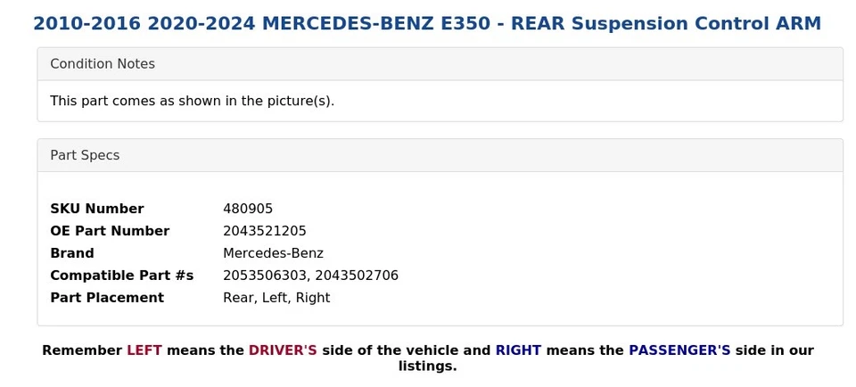 2010-2016 2020-2024 MERCEDES-BENZ E350 - REAR Suspension Control ARM - Image 3 of 3