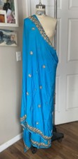 BLUE 100 Silk Gold Bead Embroidered SAREE Dupatta Wrap Scarf Skirt ONE SIZE 